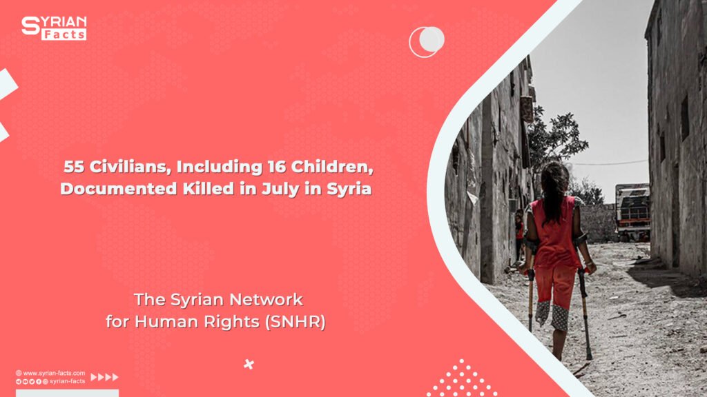 55 Civilians, Including 16 Children, Documented Killed in July in Syria